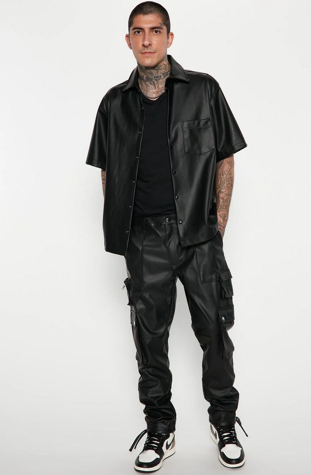 Faux Leather Short Sleeve Shirt With Cargo Pant - Black