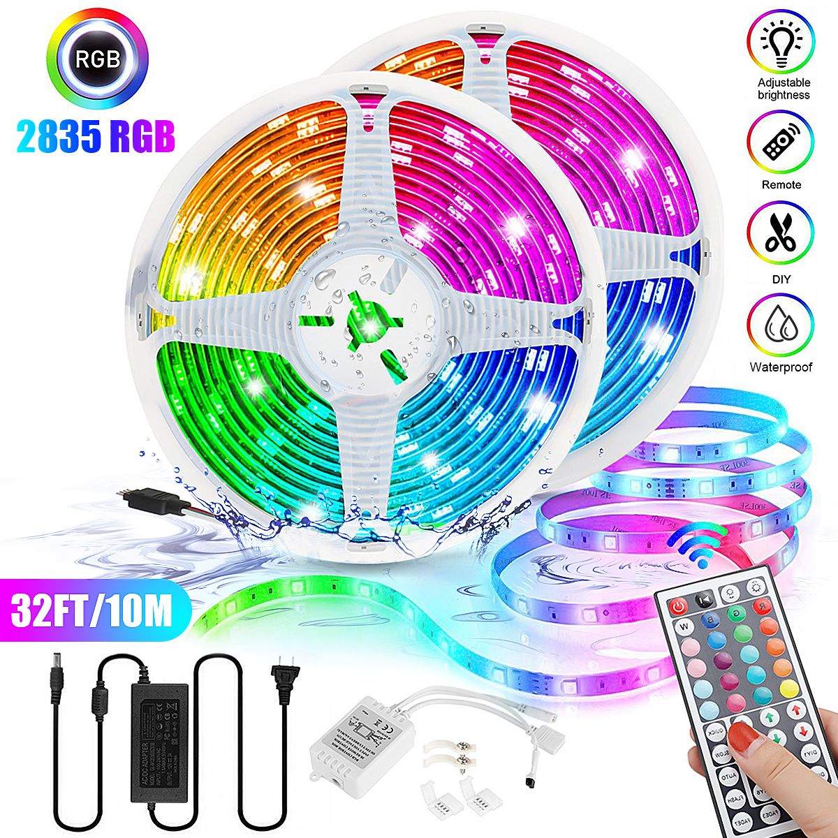 2pcs*5M 2835 RGB LED Strip Lights Waterproof IR Controller Adapter