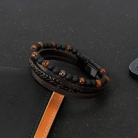 Men Beaded Real Stone Leather Bracelet