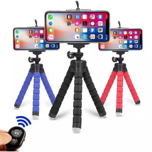 Flexible Sponge Tripod Selfie Stick With Camera Bluetooth And Phone Bracket - Black