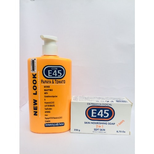 Icon E45 - Papaya & Tomato Intense Beauty Milk - 500ml And Skin Nourishing Soap - 250g