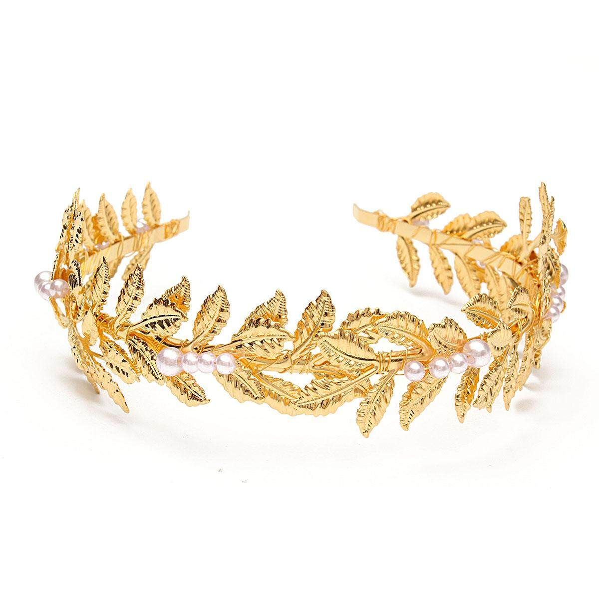 4PCS Grecian Retro Golden Leaves Pearl Headband Crown Wedding Party Hair Accessories