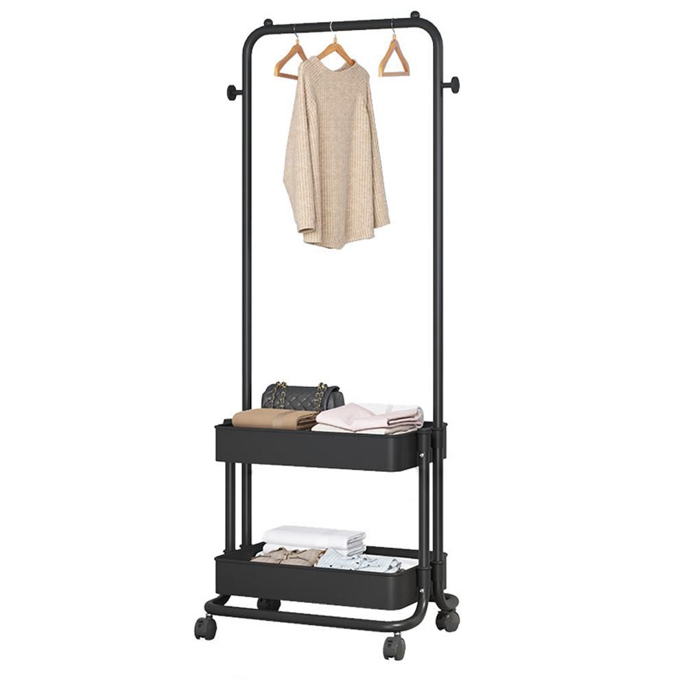 3-in-1 Garment Rack Shoe Rack Clothing Rack with 2 Tiers Basket and 2 Side Hooks Movable Storage Cart for Living Room Bedroom Dressing Room Entryway Black
