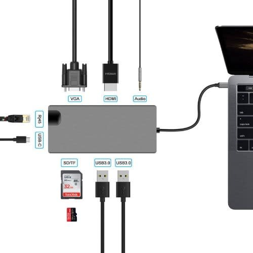 Usb Type-c Hub 9-in-1 To 2 Usb Sd Tf Card Lan Vga 4k Hdmi Usb-c - 3.5mm Aux Jack Adapter