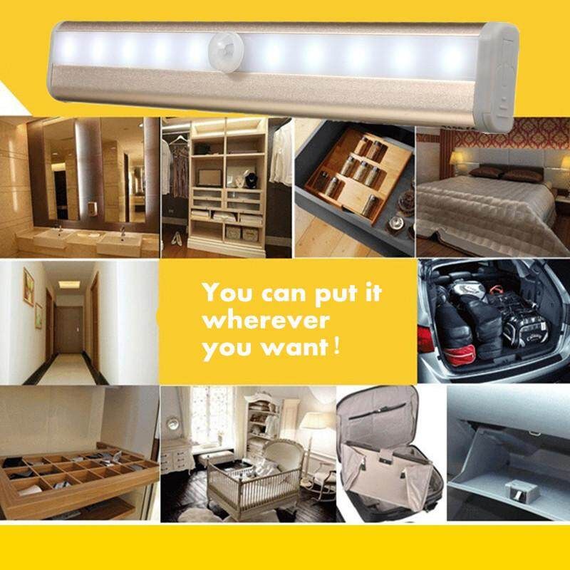 10 LED Cabinet Strip Light Auto Switch Wardrobe Stairway Drawer PIR Motion Sensor Pure White (warm White)