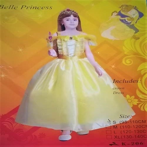 Belle Princess Dress Costume, Tiara Crown And Wand- Yellow