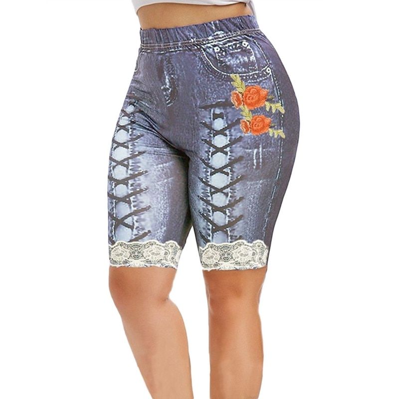 Plus Size Women Yoga Shorts Leggings Summer  Denim Ladies Short Pants Summer Floral Printed High Waist Female Shorts 2021