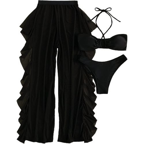 MakeMeChic Women's 3 Piece Swimsuit Solid Halter Bikini Set