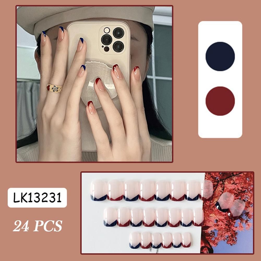 False Nails Short Blue Red French Style Full Cover Fake Nail
