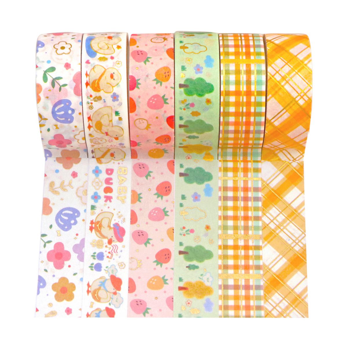 6 Rolls Cute Cartoon Gold Foil Washi Tape Set Rustic Style