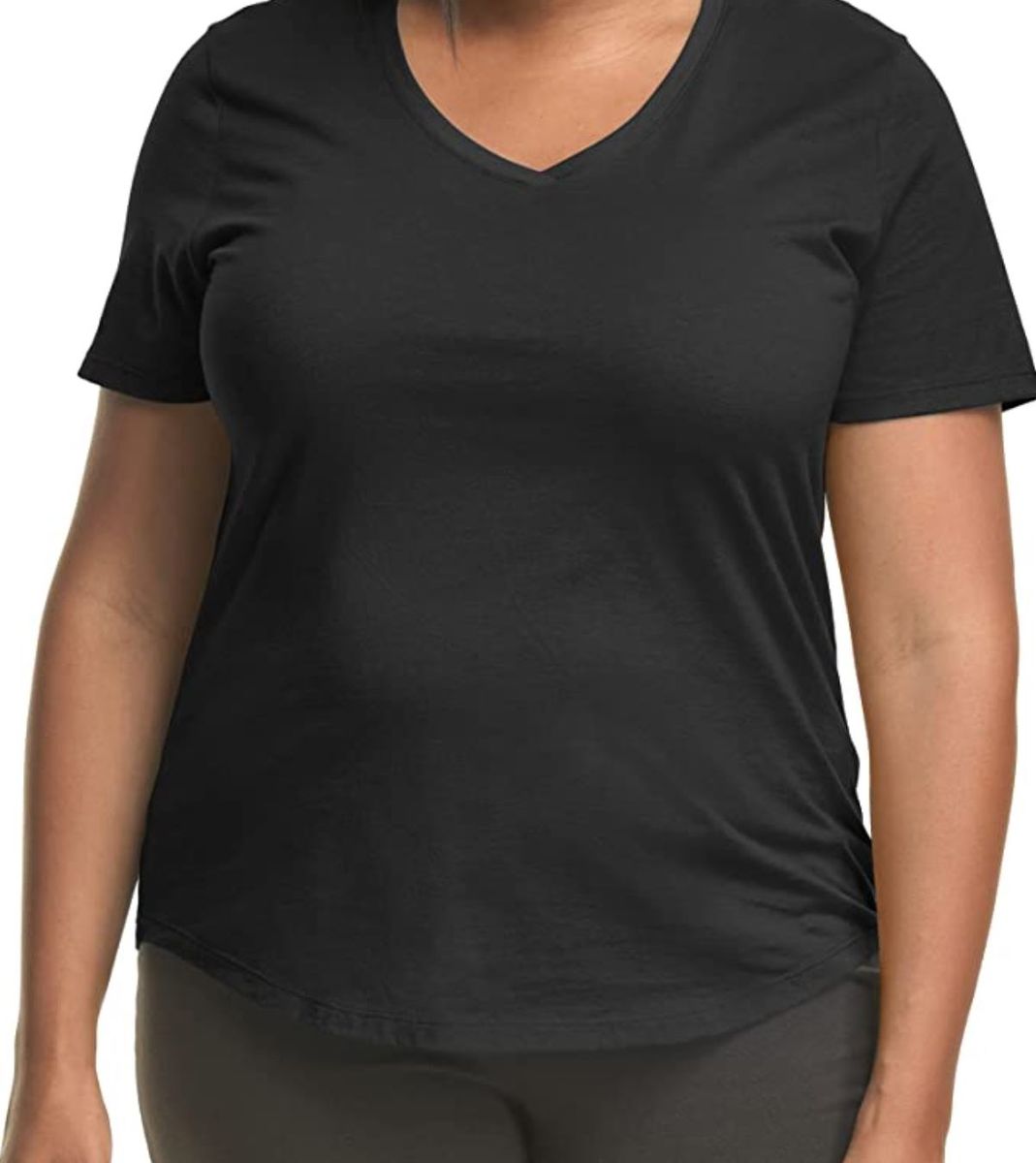 Plus Size Women's Plain V Neck T Shirt- Black