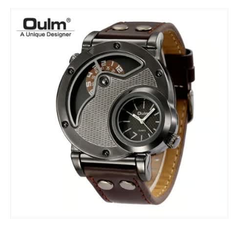 Oulm Men's  Leather Strap Wristwatch -  Two Time Zone Wristwatch - Brown