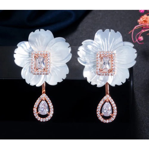 Shell Flower Cz Stone Drop Earrings - Rose Gold