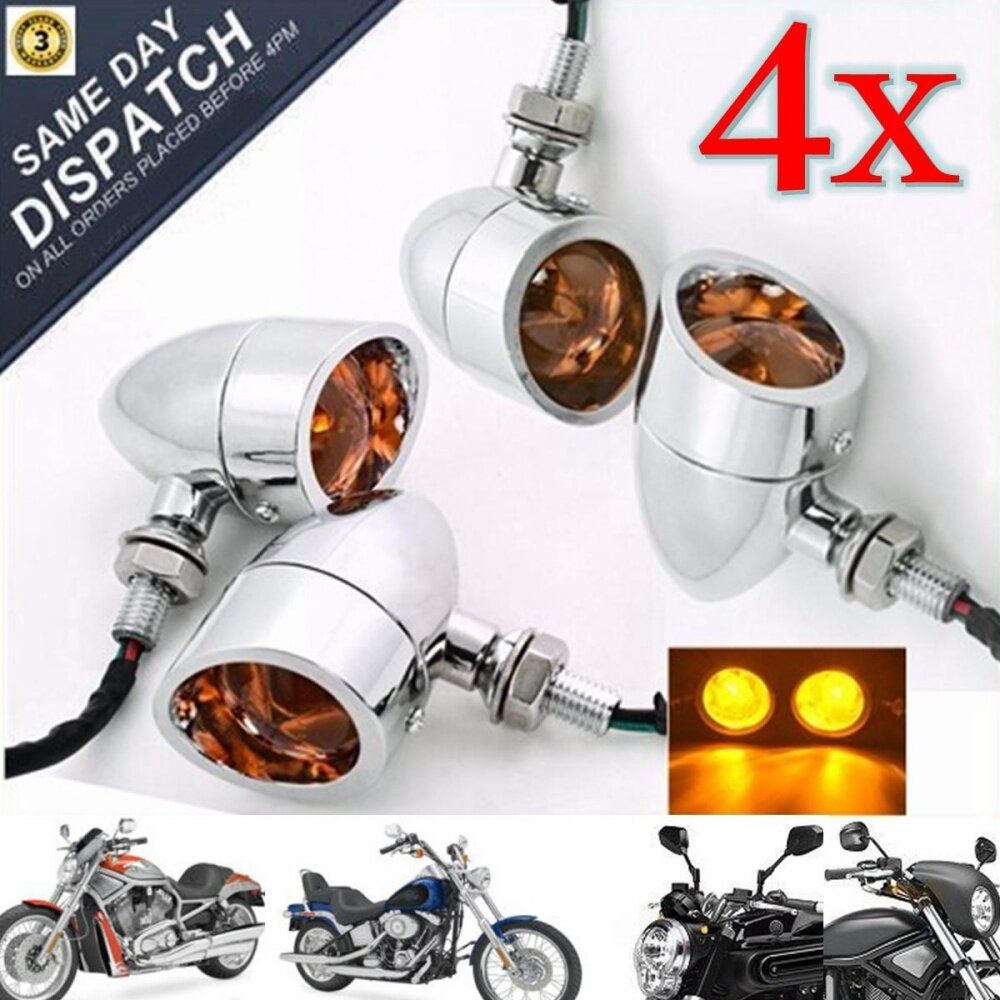 2 Pair Amber Metal Bullet Turn Signal Lights For Harley Cruiser Chopper Cafe Racer Chrome
