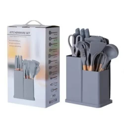 Silicon Kitchen Utensil - Chopping Board With Spoon & Knife Set - 19 Piece Set - Grey