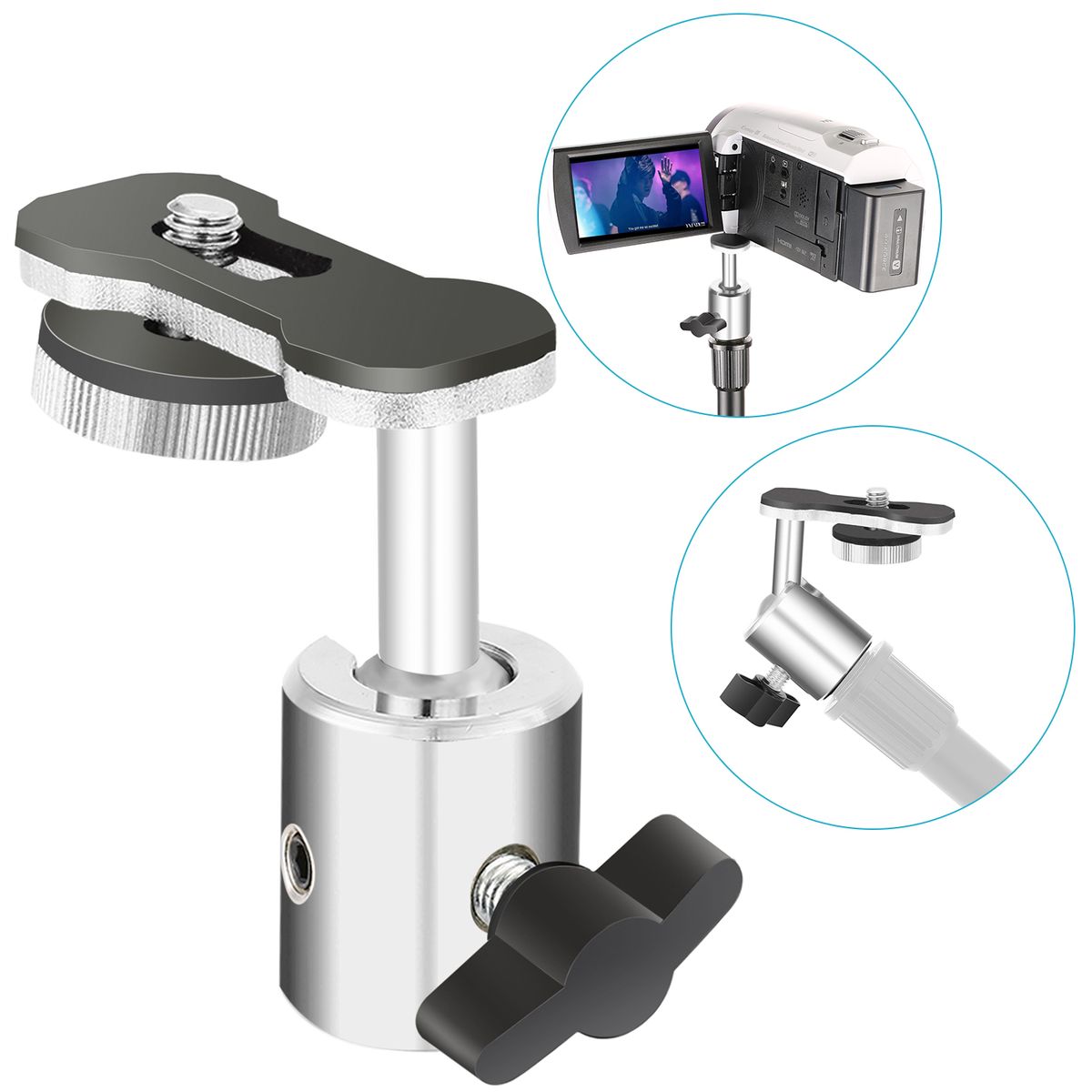 Video Camera Digital Recorder Adapter With Mini Ball Head-360 Degree Pan And 180 Degree Tilt Movement For Connecting 1/4-inch Thread Camera, Camcorder, Recorder With 5/8-inch Mic Stand Or Boom