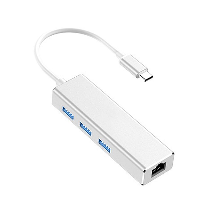 USB-C / Type-C To Gigabit Ethernet RJ45 & 3 X USB 3.0 Adapter Converter HUB, Computer External Tablet Phone Universal(Silver)