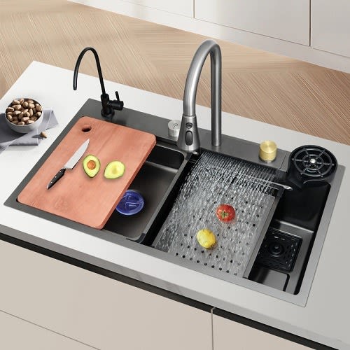 Smart Kitchen Sink With Pullout Faucet + Cup Press