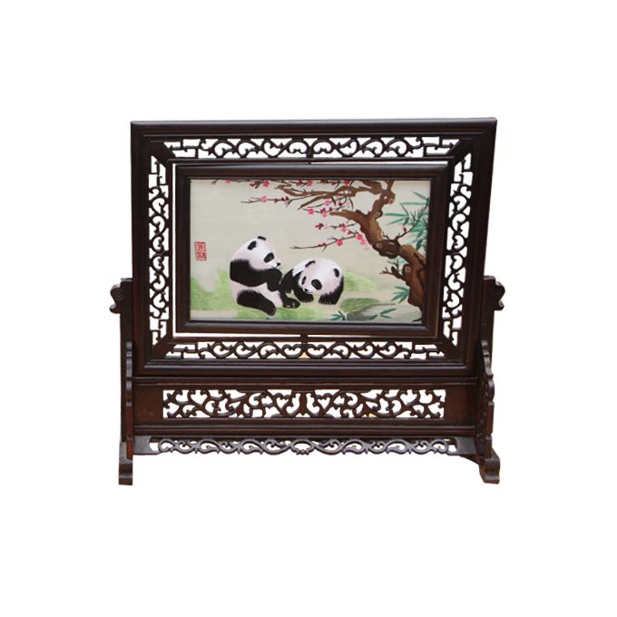 Shu Embroidery Giant Panda Pictures-Square White With Brown Ornaments Intangible Cultural Heritage