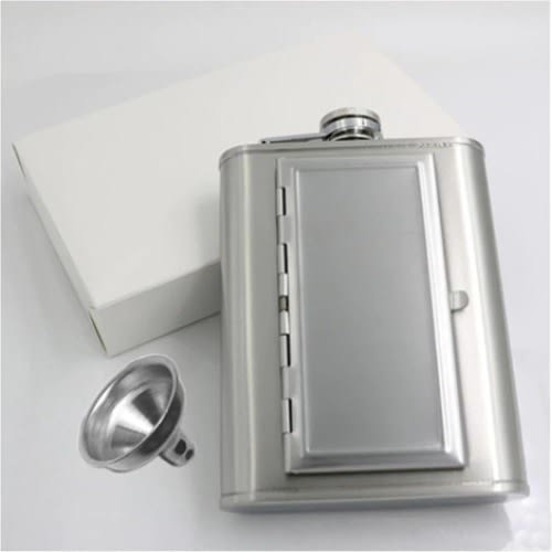Hip Flask And Cigarette Case With Two Silver Cups & Funnel