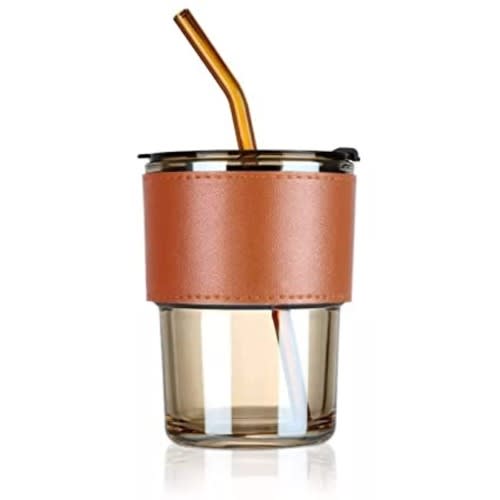 Glass Tumbler Mug With Lid Straw And Protective Anti-skid Leather Sleeve - 450ml