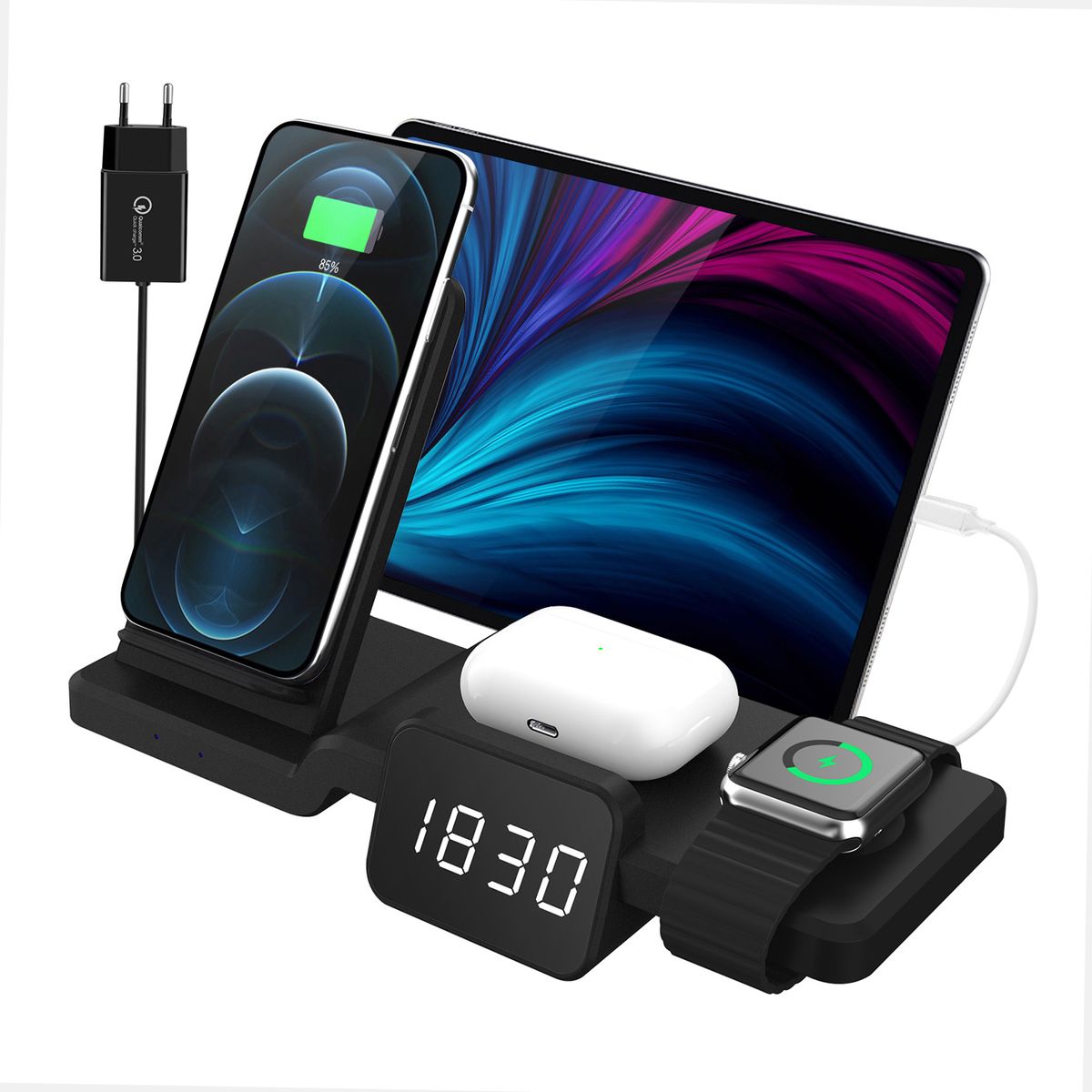 3 In 1 Wireless Charger Stand With Clock For Multiple