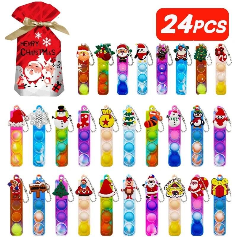 24PCS Christmas Mini Keychain Fidget Toy DIY Snowman Christmas Stocking Push Bubble Key Ring Christmas 24 Day Gifts Bag For Kids