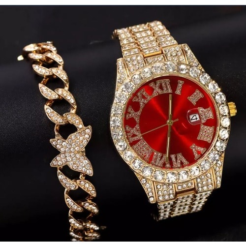 Set of Iced Cuban Men's Watch And Bracelet