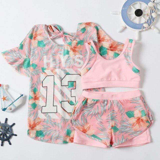 Girls' Swimsuit Bikini Set Sunscreen Shirt 3pcs Swimwear For