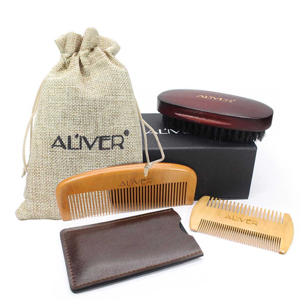 ALIVER Beard Grooming Kit 3-In-1 Mustache Hair Care Styling Grooming Trimming Shaping Aid Tool Comb Brush Set Double Sided Beard Combs & Brush
