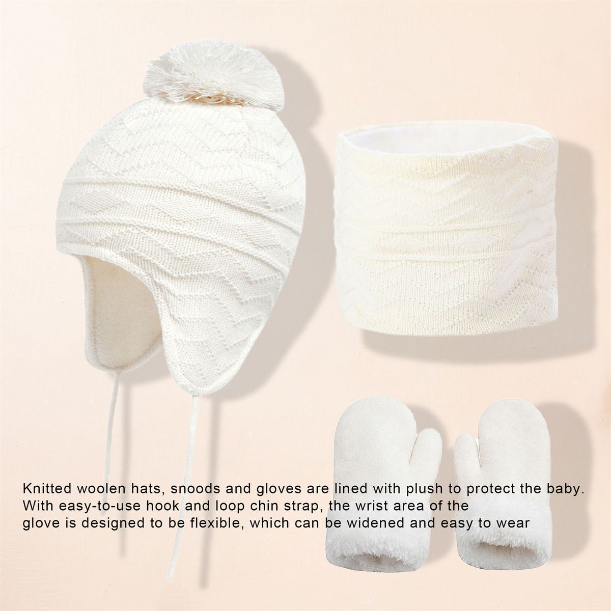 LAOdou 1 Set Hat Circle Scarf Gloves Fashion Pattern Plush-White