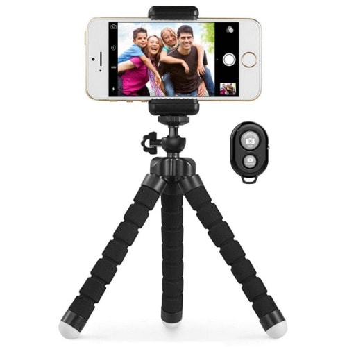 Flexible Sponge Octopus Tripod Stand + Phone Holder Clip + Bluetooth Remote Shutter - Black