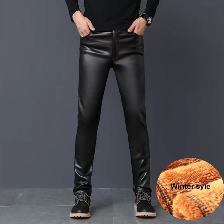 Synthetic leather skinny pants long elastic trousers tight woolen and leather for winter x9186