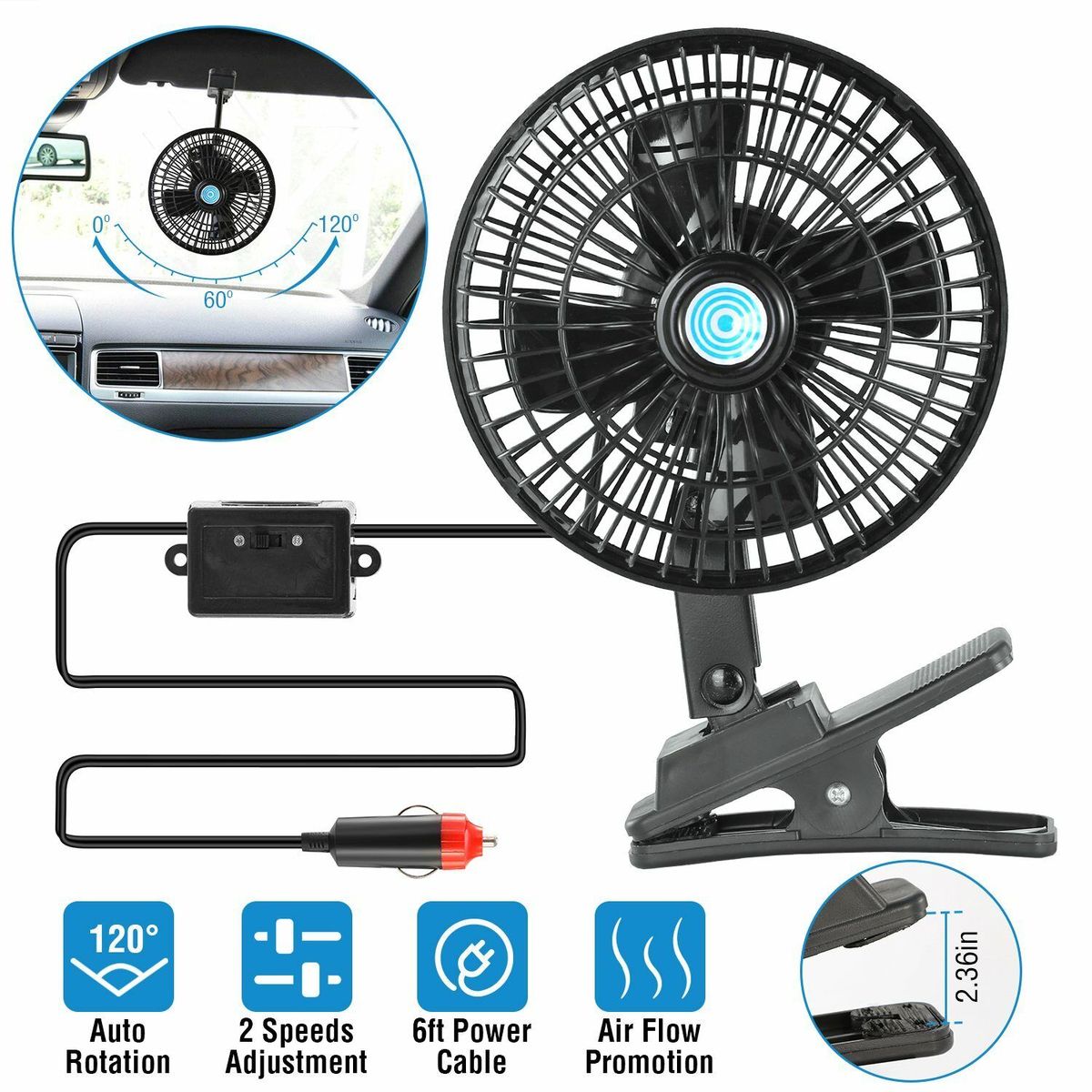 12V Car Fan Vehicle Truck Oscillating Clip On Cooling Fan 2 Speeds Rotation Fan