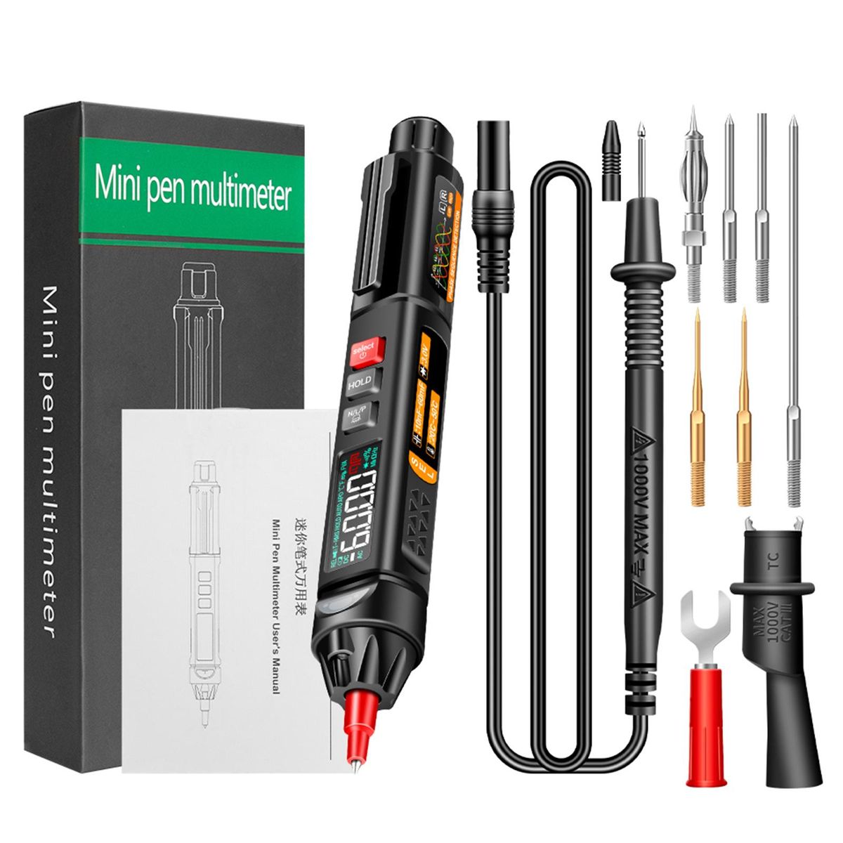 ANENG A3009 Mini Pen Multimeter with Voice Broadcast 6000 Counts Voltmeter VA Reverse LCD Display Flashlight NCV Tester for Voltage Resistance Capacitance Temperature On/Off Diode Phase Sequence Measurement with Combination Accessories