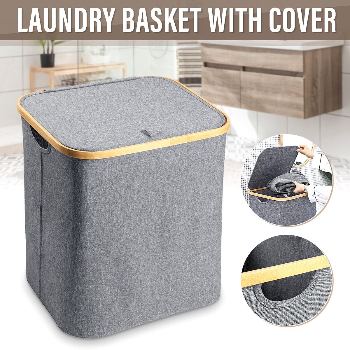 Grey Laundry Basket Hamper Foldable Clothes Washing Bag Storage Basket W/ Cover