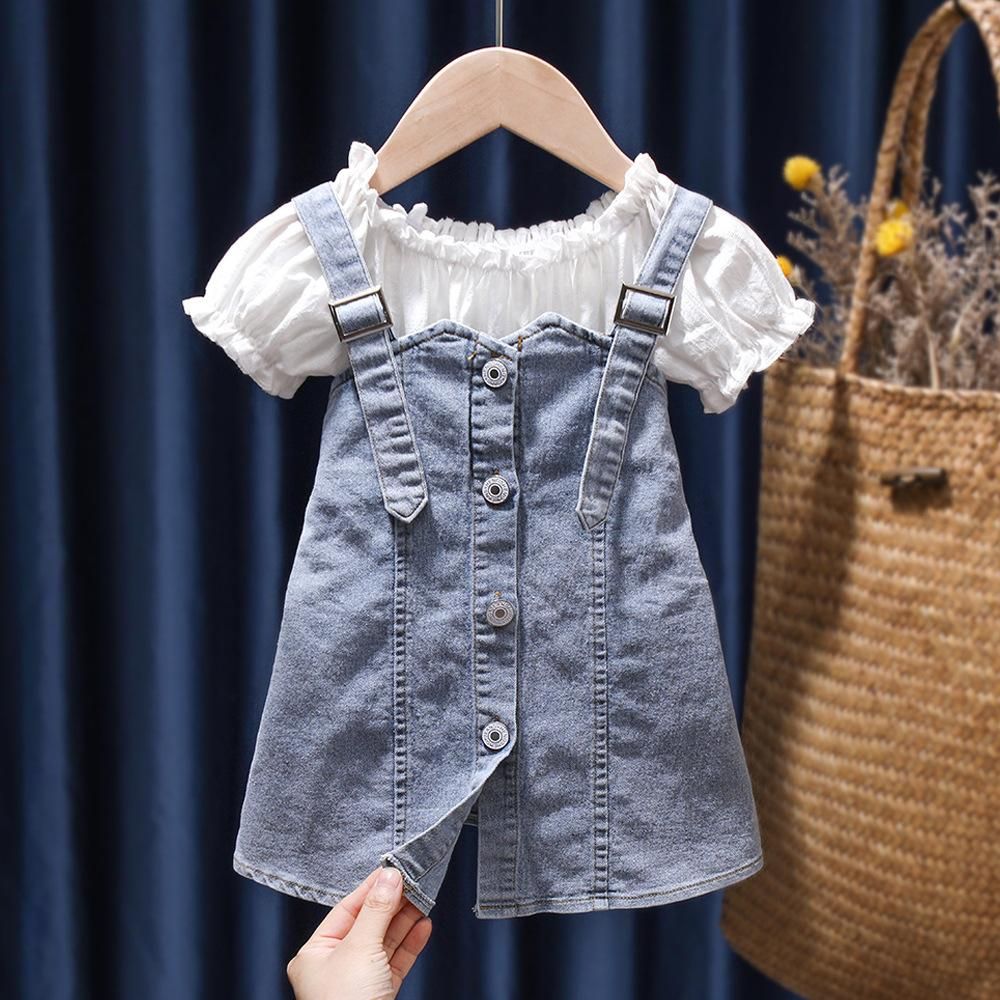 Girls' Two-Piece Suit Top + Denim Skirt White