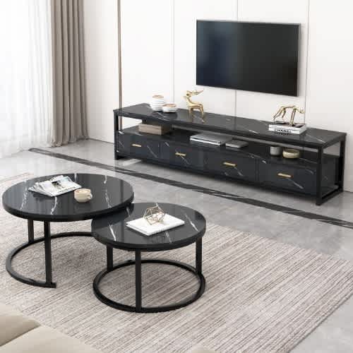 Amiri Glossy Tv Unit & Nested Tables - Black Stripes