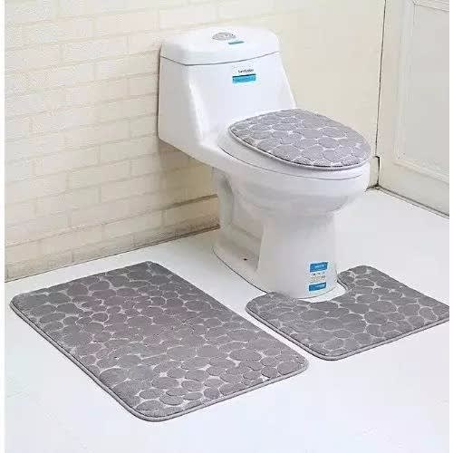 3 Piece Bathroom Set Rug Contour Mat Toilet Lid Bath Mat - Grey