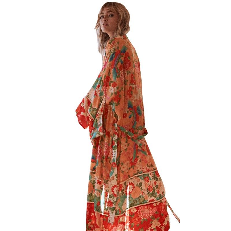 New Women Chiffon Kimono Cardigan Floral Print Long Sleeve