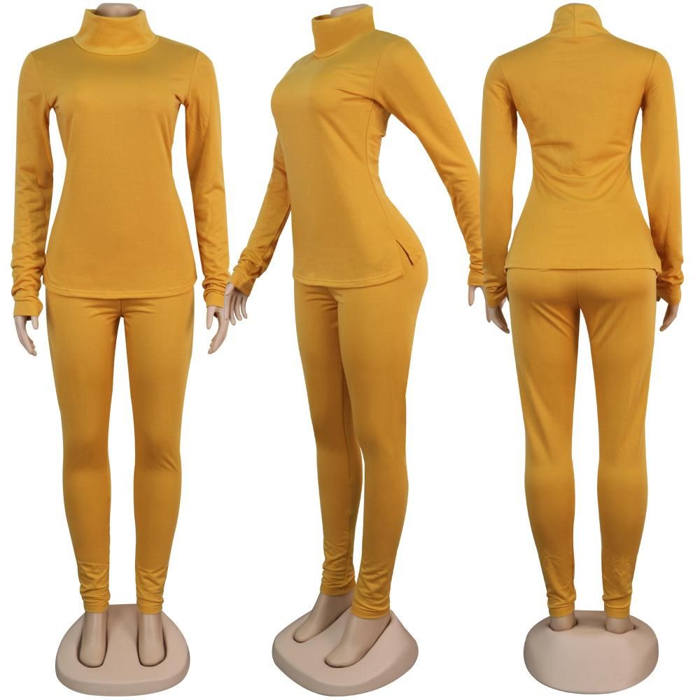 Women's Autumn and Winter High-neck Solid Color Two-piece Suit YELLOW