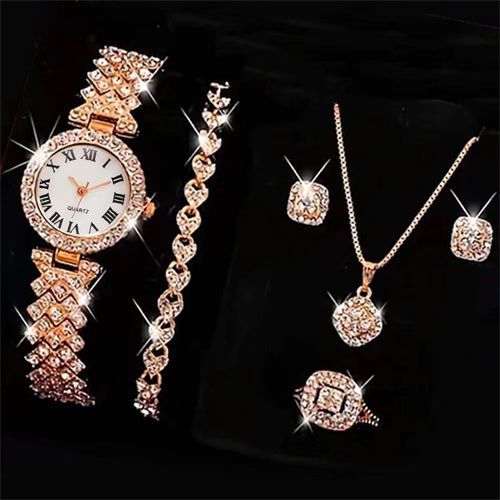 5PCS Watch Ring Necklace Earrings Water Diamond Bracelet Set