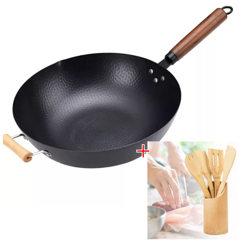 34CM Iron Wok Steel Stir-fry Kitchen Pan + Wooden Spatula