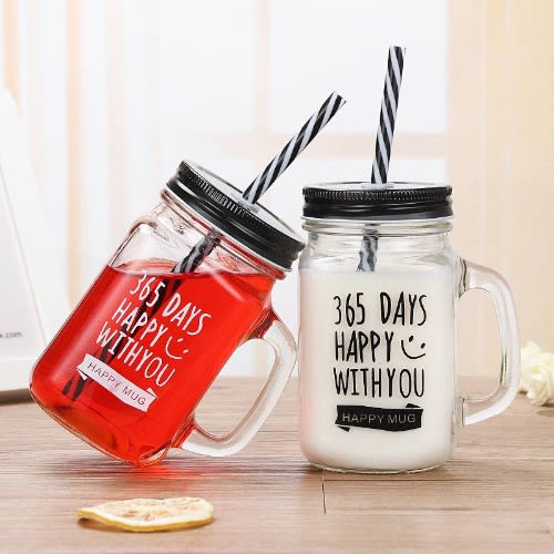 Mason Jar With Lid And Straw - 350ml X 2pcs