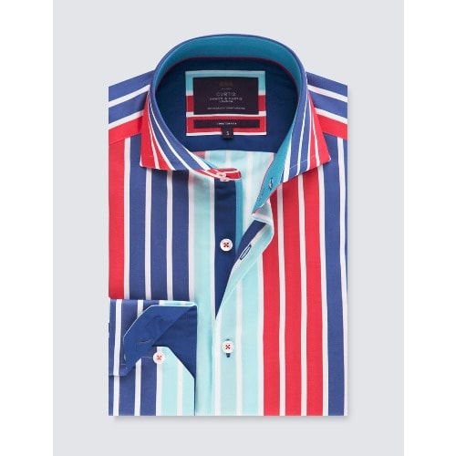 Men's Curtis Blue & Red Multi Stripe Slim Fit Shirt - High Collar - Single Cuff