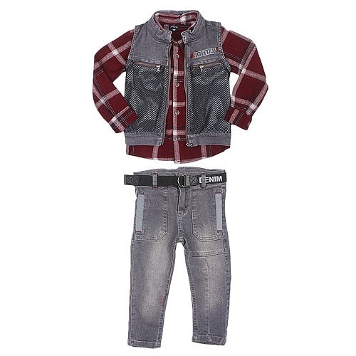 3 In 1 Boys Black Jeans Set With Wine Shirt