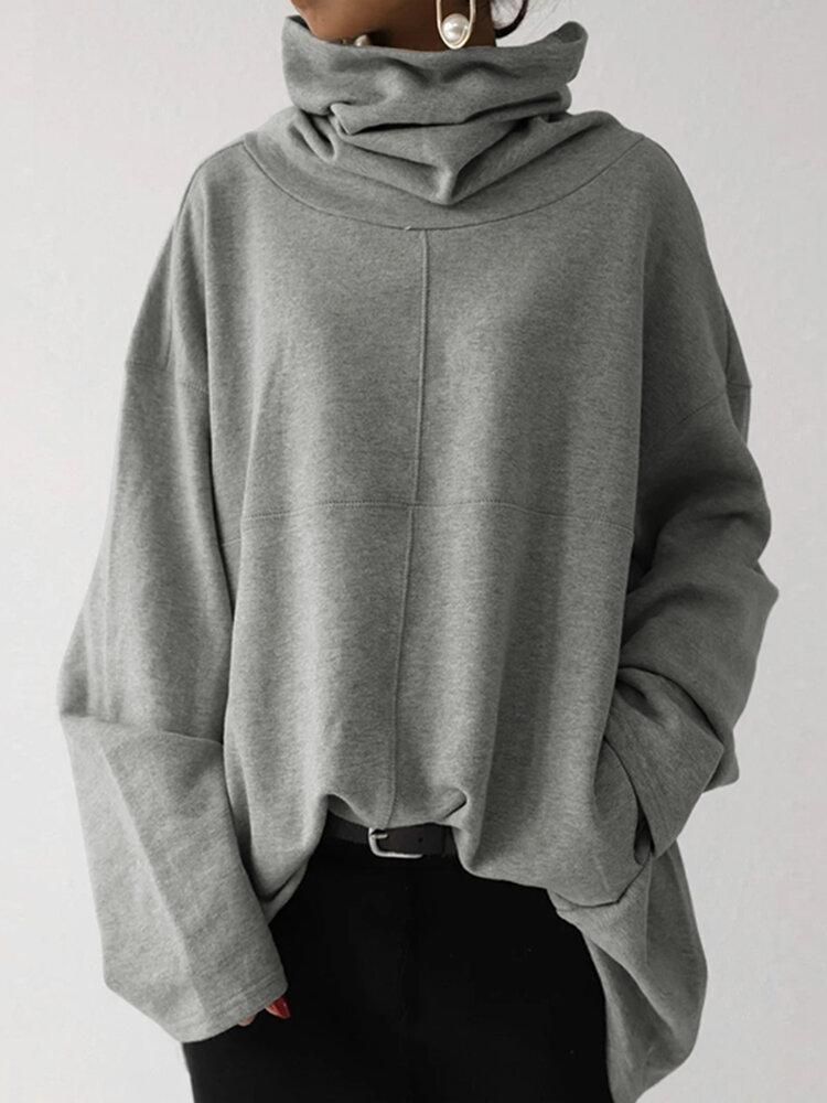 Women Turtleneck Stitching Design Wide Sleeves Solid Loose Pullover Sweatshirt
