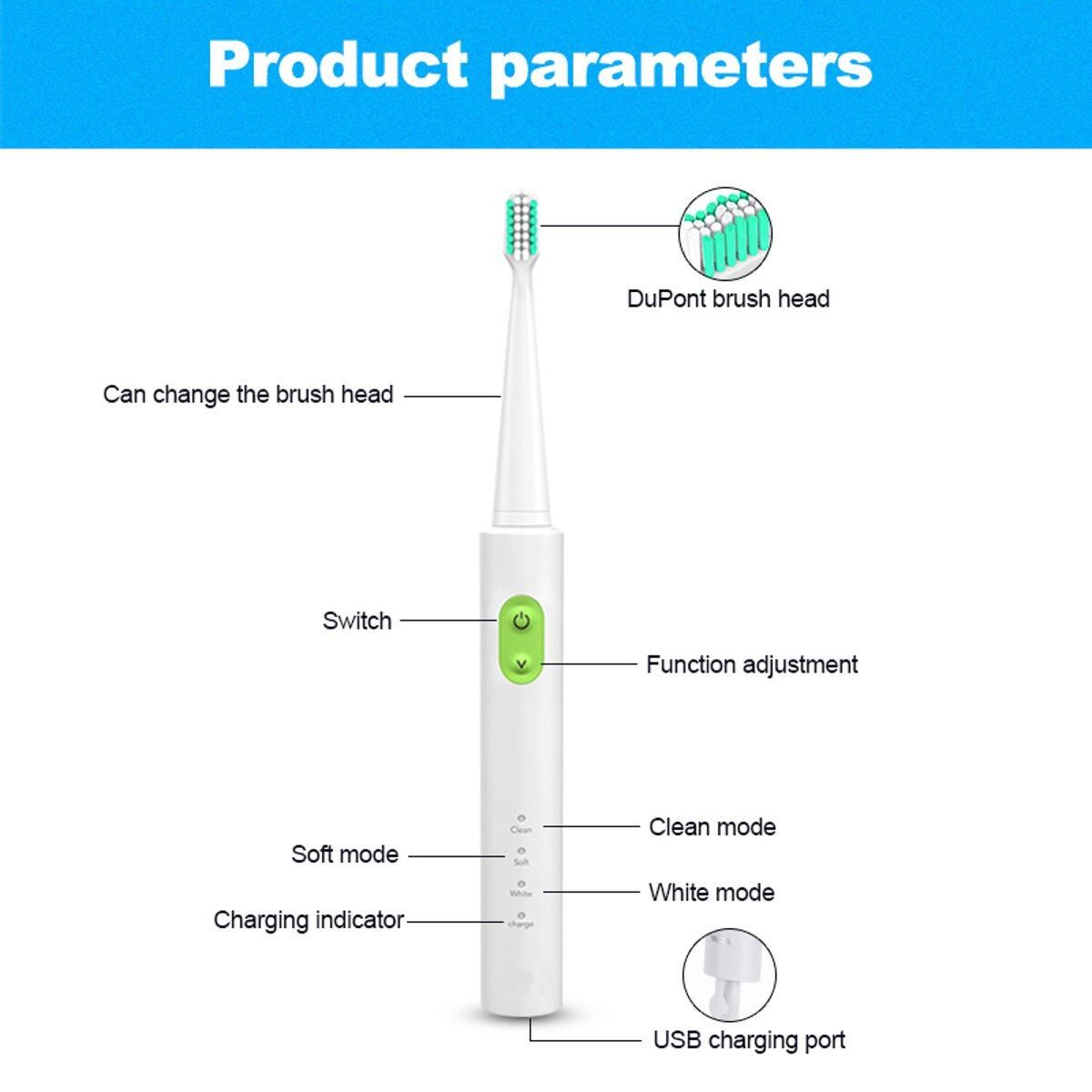 Borui BR-Z1 USB Wireless Ultrasonic Electric Toothbrush Oral Hygiene Rechargeable Sonic Automatic Tooth Brush With 4 Replacement Brush Heads Green