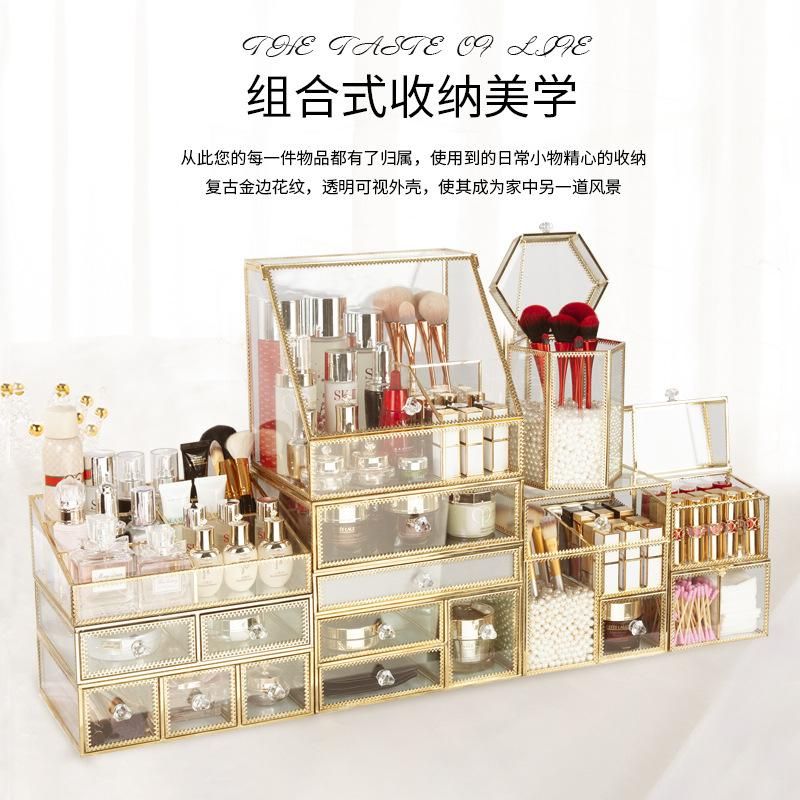 European-Style Glass Cosmetics Storage Box Transparent Lip Brush Barrel Dressing Table Skincare Shelves Dustproof Mask Box