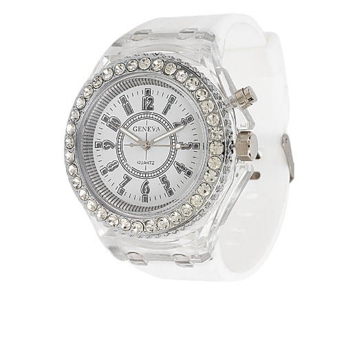 Glittering LED Light Rhinestones Wrist Watch - White